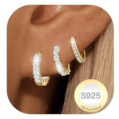 Halora Set di 3 paia di orecchini a cerchio in argento 925 da donna, ipoallergenici, in oro 14 carati, leggeri, regalo per ragazze, 9 mm bis 11 mm, Oro giallo, Zirconie sintetico