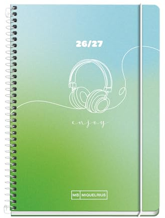 Miquelrius Enjoy Agenda scolaire semainier 2026/2027 A6+ | 10 mois, 11,7 x 17,4 cm, carton plastifié, spirale métallique, fermeture en caoutchouc, autocollants, espagnol-EN