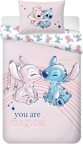 Disney Stitch & Angel You Are Magical - Juego de ropa de cama para bebé, funda de edredón de 100 x 135 cm y funda de almohada de 40 x 60 cm, 100 % algodón, suave y transpirable para niños pequeños