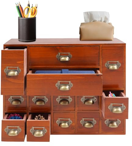 Scatola di immagazzinaggio da tavolo a 14 cassetti,Organizzatore di cassetti in legno da ufficio,Mobili vintage per medicine,Tre dimensioni di cassetti,per organizer da ufficio a casa e stoccaggio