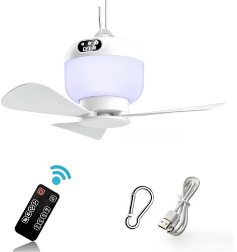 Rechargeable Portable Camping Fan with Light & Remote, 8000mAh Battery Powered Hanging Ceiling & Tent Fan, 4 Speeds, 3 Light Modes, Timer - for Canopy, Beach, Caravan, RV, Camper