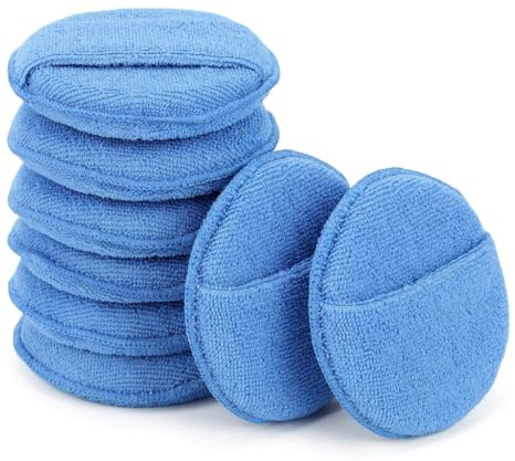 Lot de 8 Eponge Voiture Microfibre Bleu Clair Pad Polissage Rond avec Poche pour Doigts Applicateur Cire Nettoyant Carrosserie Voiture Lavage Exterieur Entretien Auto Moto sans Rayures