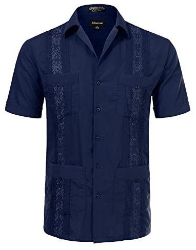 Allsense Men's Short-Sleeve Button-Down Cuban Guayabera Shirt, Navy Blue, Large