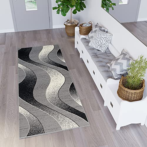 TAPISO Dream Teppich Läufer Flur Brücke Modern Streifen Wellen Streifen Muster in Hellgrau Creme Schwarz Korridor Wohnzimmer ÖKOTEX 70 x 200 cm