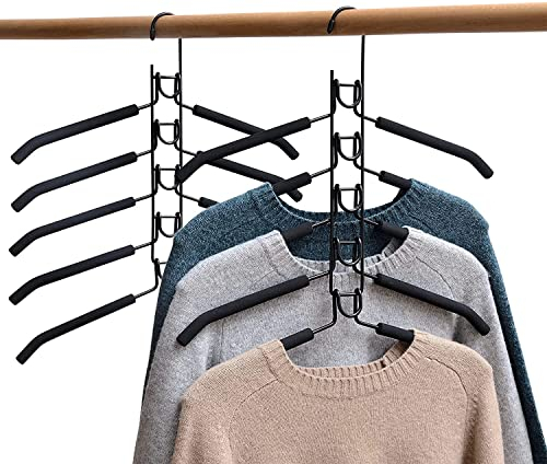 2 Pack Kleiderbügel Platzsparende, Metall Kleiderbügel 5 in 1 Multilayer Eva Schwamm Anti-Rutsch für Erwachsene Jeans Shirts Hosen Mäntel (Schwarz,2-Pack)