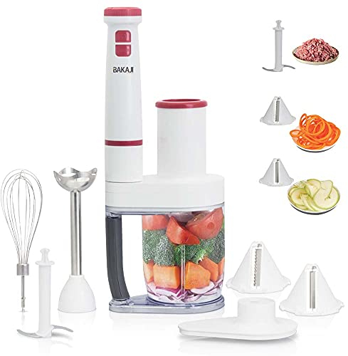 BAKAJI Frullatore a Immersione 4in1 con Accessori Frusta, Tritatutto, Frullatore lame acciaio, Miniprimer con accessori, Mixer Sbattitore taglia verdure elettrico manico Ergonomico (4 in 1 (600 W)