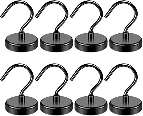 FINDMAG 8 Stück Schwarz Magnethaken Extra Stark, 32 mm 45 kg(100 Pfund) Ziehen Neodym Magnet Haken, Super Starke Magnete mit Haken für Kreuzfahrten, Magnethaken für Grillrost Küche