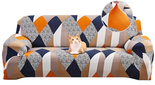 Jaotto Funda para Sofa 3 Plazas Funda Cubre Sofa Ajustable Fundas de Sofá Elasticas Extraíbles Lavables Antideslizante Protector Cubiertas de Sofá con Brazos de Sala de Estar,Geometría Naranja
