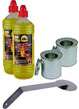 HEKERS Brenngel Starter-Set - 2 x 1L Brenngel - 2 x Nachfülldose mit Deckel und Sparplatte - 1 x Flammenstopper - Gelkamin Tischfeuer Indoor und Outdoor