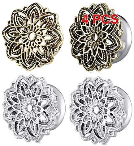 Wycian Flesh tunnel, tunnel set öronproppar tunnel vintage blomma rostfritt stål stretchstång guld silver 4 st, 6–12 mm, 8mm, Ingen ädelsten