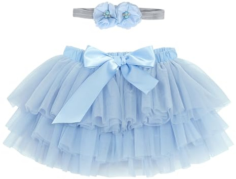 ANIMQUE Bebé Niñas Pequeñas Niñas Tutu Falda Princesa Mini Falda Tulle Súper Suave Ballet Falda de Cintura Elástica con Funda de Pañal + Diadema 6-12 Meses, Azul Claro M