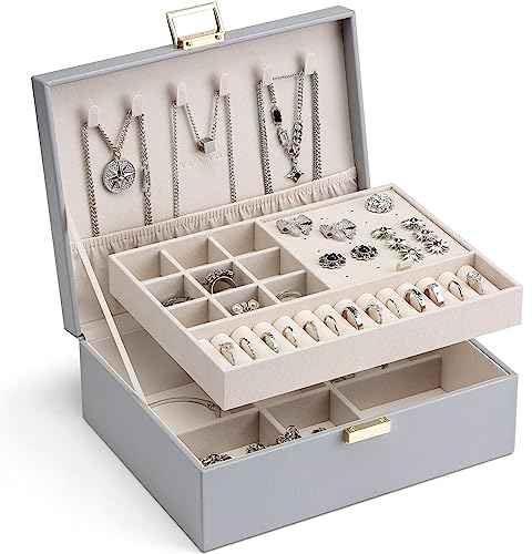 Vlando Portagioie a 2 strati, grande organizer per gioielli da donna, vassoio rimovibile per gioielli, collane, orecchini, anelli, bracciali, scatole di gioielli per donne, regalo