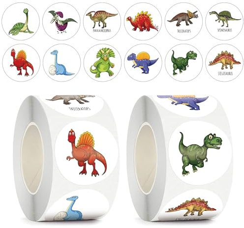 1000 Dinosaur Stickers for Children Kids, Animal Reward Stickers for Teacher Student Classroom Party Bags Fillers DIY Craft, 12 Designs, 2 Rolls, 2.5cm