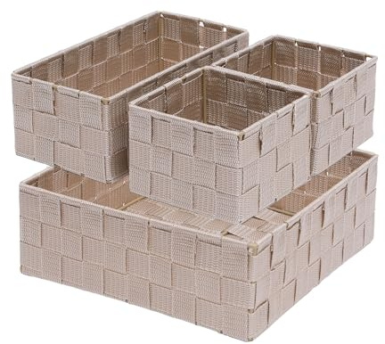 Fboxac Storage Bins Woven Organizer Set of 4 – Polypropylene Storage Baskets with Metal Frame, Stackable Fabric Boxes for Drawers, Closet, Shelf, Nursery and Office, Beige