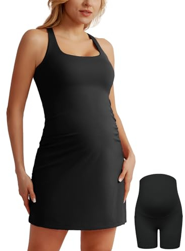 Maacie Maternity Tennis Dress with Shorts & Built in Bra Scoop Neck Sleeveless A-line Workout Golf Dress with Pocket Black M