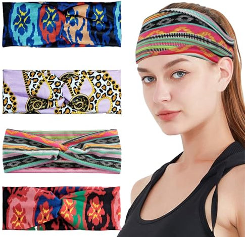 KASESSS 4 Pièces Bandeau Cheveux Femme, Bandeau Cheveux de Yoga, Bandeaux Mode pour Femmes, Élastique Bandeau Style Bohème, Bandeau Sport Femme, Bandeau de Absorbant la Sueur pour Jogging Yoga Vélo