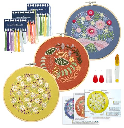 XM-GENYUE Anfänger Stickset für Erwachsene, 3 Stück Stickset florid Pflanzenmuster,enthält Stickrahmen, Stoff, Anleitung und Werkzeuge ideal für DIY Kunst, Handwerk
