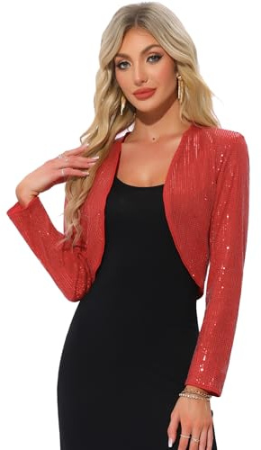 Allegra K Chaqueta de Lentejuelas para Mujer de Fiesta con Frente Abierto Recortado Brillante Bolero Shrug Disfraz de Halloween Rojo XL