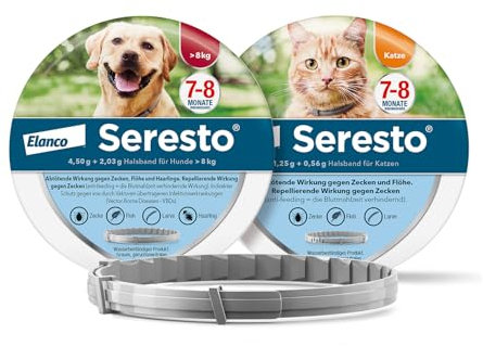 Seresto Kombi-Set: 1 Zeckenhalsband für große Hunde ab 8 kg und 1 Zeckenhalsband für Katzen. Bis zu 7 bis 8 Monate wirksamer Schutz gegen Zecken und Flöhe für Ihre Haustiere