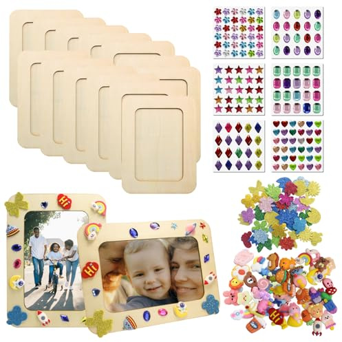 MoguGo 12 Stück Holz-Bilderrahmen Set mit Glitzersteinen, Selbstklebend Moosgummi Sticker, 3D Aufkleber, DIY Rahmen zum Bemalen für Jubiläen, Geburtstage