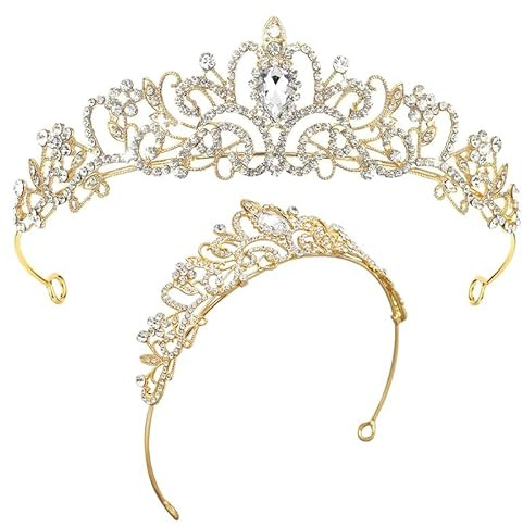 Tiara Matrimonio, Corona di Cristallo Tiara da Donna Diadema in Cristallo Corona da Principessa Regina, per Matrimoni, Balli di Fine Anno, Feste di Principesse, Feste di Compleanno (Oro)