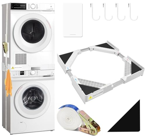 Kqpoinw Kit di Accatastamento per Lavatrice e Asciugatrice, Telaio per Impilamento Universale con Cinghie Cricchetto, Gamma di Telaio Intermedio Regolabile 44,5-70cm Lavatrice e Asciugatrice