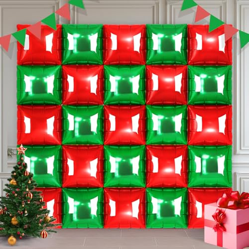 25Pcs Christmas Balloons Metallic Green and Red Double Sided Square Foil Balloons Wall Kit, Red and Green Square Balloons Arch for Party Background, Cube Decor with Tails for DIY Holiday Photo Booth