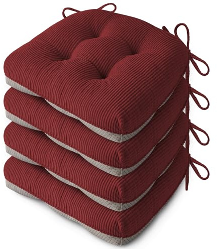 FlyGulls Seat Cushions for Dining Chairs Set of 4, 46X42X8cm, Red | Elegant Breathable Textured Fabric, with Ties, Tufted, Thick Polyester Filling, for Folding Chairs, Kitchen, Office