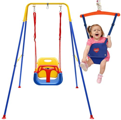 Duisrech Babygunga & dörrhängare baby 4-i-1 set med ram – barngunga, babyjumper med säkerhetsbälte, vikbara och 4 sandsäckar – för inomhus- och utomhusbruk, lätt att montera