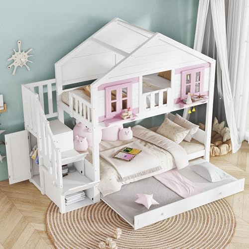 Lekvvied Letto a castello per bambini 90x200 cm con letto estraibile,letto per bambini con scala portaoggetti,struttura letto matrimoniale con rete a doghe,bianco + rosa
