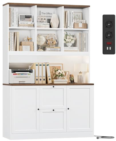 FirFurd Bücherregal Bücherschrank mit 2 Türen und 2 Schubladen, Aktenschrank Büroschrank Mehrzweckschrank mit Steckdose, Hochschrank für Wohnzimmer Arbeitszimmer 116x40x182 cm Weiß
