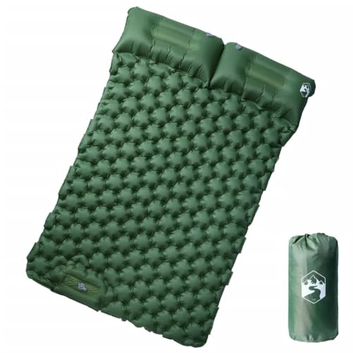Mangloder Matelas auto-gonflant double avec coussin vert pour camping, trekking et extérieur, imperméable, durable, léger, avec pompe à pied, 195 x 130 cm, 8,5 cm d'épaisseur, portable, confortable