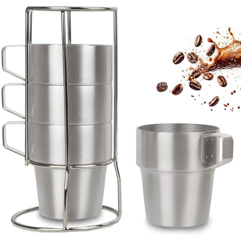 A-SZCXTOP Stainless Steel Coffee Tea Cups Set of 4, Stackable Double Heat Insulation Metal Coffee Mugs with Stand Rack, Camping Cups Perfect for Cold Drinks or Hot Drink (300ml)