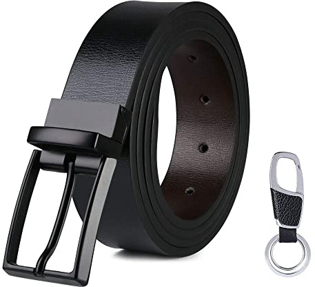 flintronic Cinturón Cuero Hombre, 130cm Cinturón con Reversible Correa de Hebilla de Pin para Jeans, Trajes, Ropa Informal y Formal, Negro y Marrón(con Llavero y Caja de Regalo)