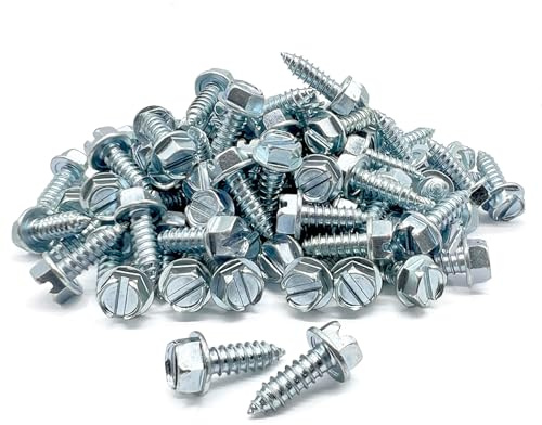 100 Pack License Plate Screws for Front and Back License Plates and License Plate Frames and Covers on Cars, Trucks, SUVs - Rust Resistant, #14x3/4 Slotted Hex Washer Self Tapping Screws Zinc Clear