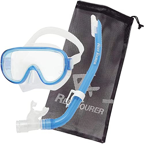 Reef Tourer Kids Snorkel Set Single Window Mask & Snorkeling Gear for Kids – Semi-Dry Top, Wide View Single Window Mask w/Reusable Mesh Bag Ages 4-9 for Snorkeling and Swimming, Clear Blue