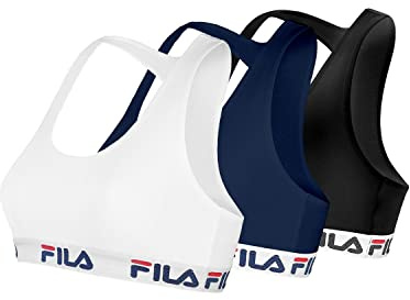 FILA Reggiseno Sportivo Donna in cotone, senza rinforzo, set di 3, Blu, Nero, Bianco, Taglie L