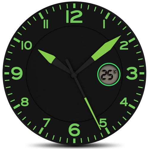 Fishtec Horloge Murale Phosphorescente - Affichage Température LCD - Cadran Vert Relaxant et Grands Chiffres pour Salon Chambre et Bureau - Diamètres de 25,4 cm