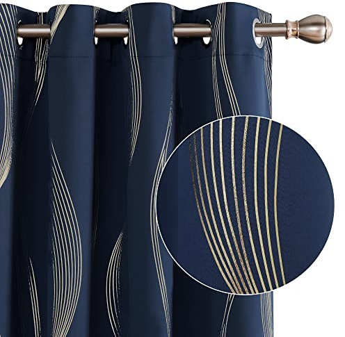 Deconovo Blackout Eyelet Curtains Thermal Insulated Gold Wave Line Foil Printed Curtains for Bedroom 46x54 Inch Navy Blue 1 Pair