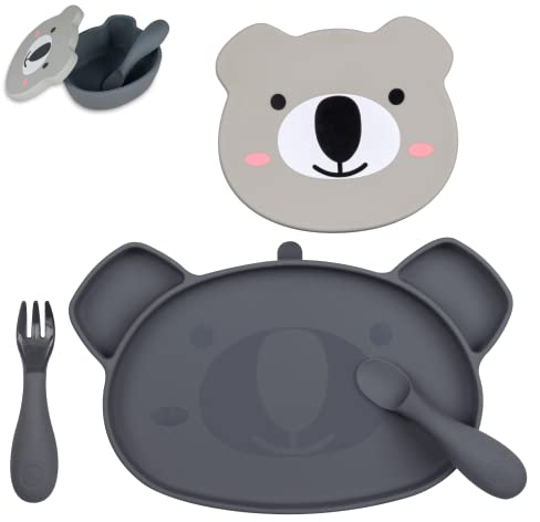 TUM TUM Baby Geschirrset - Babyteller mit Saugnapf, Breischale und Esslernbesteck, 6m+ Kev Koala, Grau
