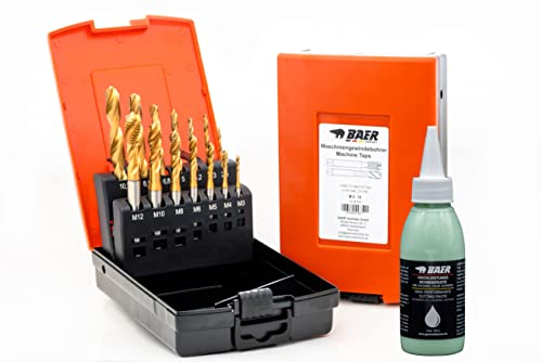 BAER Gewindeschneider Set inklusive Schneidpaste - HSSE-TIN: Maschinengewindebohrer Sackloch, Kernlochbohrer: M 3-12 - Gewindebohrer Satz - TIN Gewindeschneidset - Maschinengewindeschneider