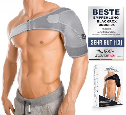 BLACKROX Schulterbandage [Vergleichssieger 2024] ONE SIZE | Für Damen & Herren | Schulterstütze | Perfekt für Sport, Kraftsport & Bodybuilding | OMONROX | Grau