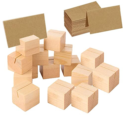 BSTMOME 20PCS Wooden Name Card Holder Table Number Stands Solid Wood Place Card Holders Memo Clips for Name Tags Pictures Reserved Signs Food Labels Postcards Menus with 20 PCS Kraft Memo Cards