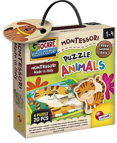 Lisciani - MONTESSORI WOOD Puzzle Animals - 4 Holzpuzzles mit Tierbabys - 20 Teile - Für Kinder ab 1 Jahr - Fördert Logik und Gedächtnis - Hergestellt in Italien
