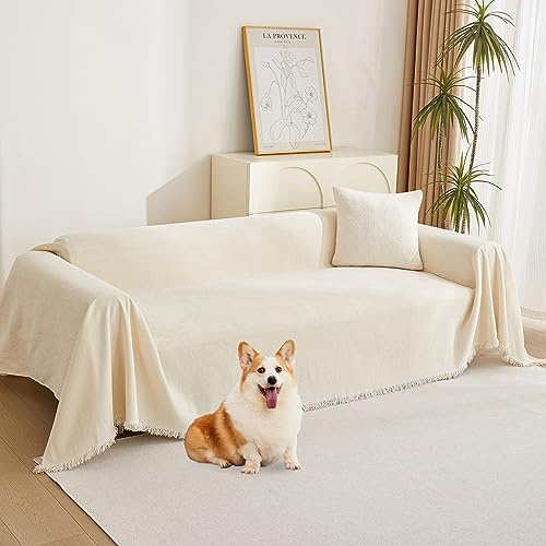 MYSKY HOME Boho Couch Cover Beige Sofa Covers with White Tassel Farmhouse Sofa Slipcover Simple Couch Protector for Dogs Chenille Sectional Couch Covers L Shaped Couch Cushion Covers, 91x 134
