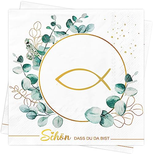 AFYHH 60Stück Servietten Geburtstag Hochzeit Taufe Schön Dass Du Da Bist Grün Eukalyptus 3-Lagige Fisch Servietten Konfirmation Kommunion Napkins Tischdeko Servietten Weiß 33x33cm (60 Stück)