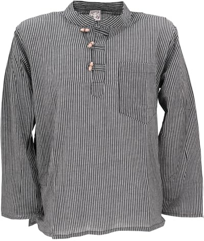 GURU SHOP Nepal fiskarskjorta, randig goa-hippie-skjorta, yogabyxor, män, bomull, svart / grå, XXL