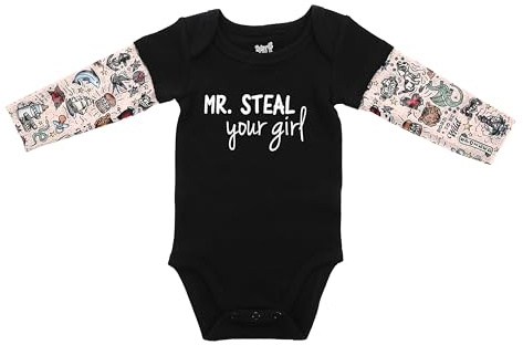 Pavilion - Mr. Steal Your Girl - 6-12 M Black Bodysuit With New School Tattoo Sleeves Baby Boy Shower Gift Modern Baby Outfit Daddy Mommy Son Present