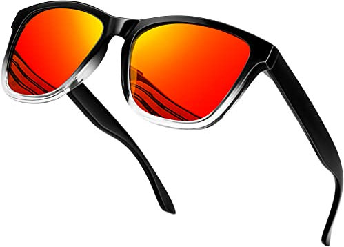 KANASTAL Orange Red Sunglasses Mens Polarised Womens Mirrored Orange Mirror Square Vintage Ladies Running Cycling UV Protection - Black Frame Red Lenses