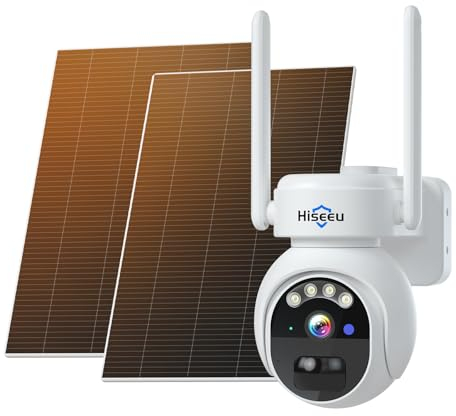 Hiseeu 【24/7 Recording+100% Wireless】 4MP Solar Security Camera Outdoor with Rechargeable Battery, 2.4Ghz WiFi 360° Security Camera with Color Night Vision, Auto Tracking Sound Light Alarm Way Audio